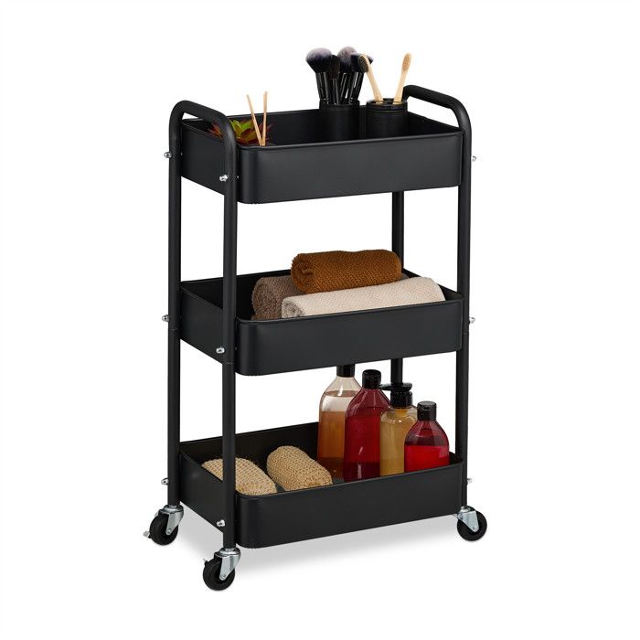 Relaxdays Desserte de cuisine 3 niveaux chariot HLP : 71 5 x 43 5 x 29 5 cm salle de bain bureau noir