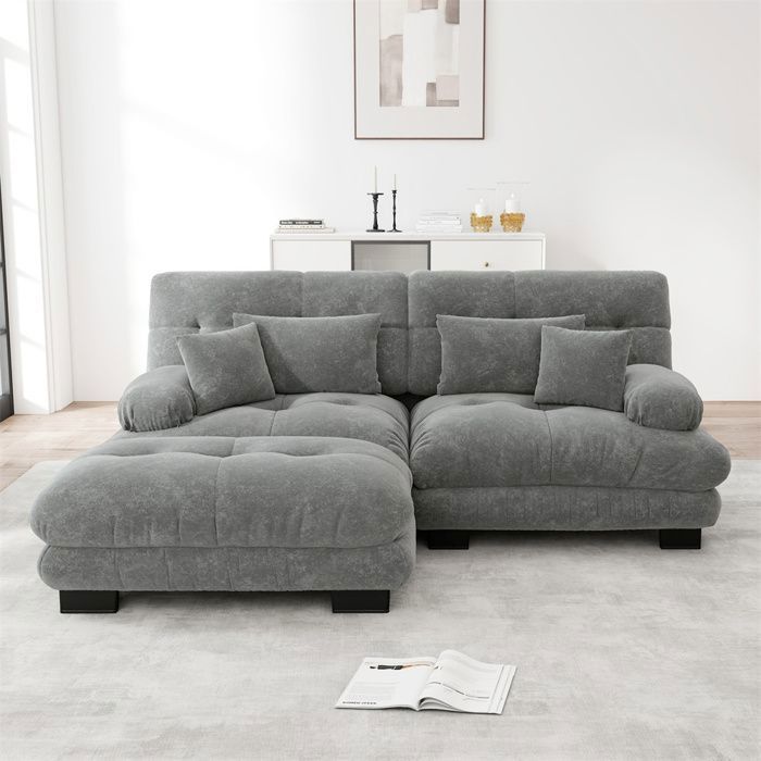 DRIPEX Canapé dangle deux places en chenille avec 2 coussins confortablecanapé rembourré avec poufGris