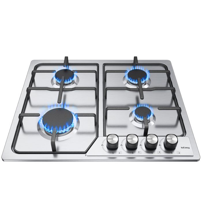 IsEasy Plaque Gaz 4 Feuxs Acier Inox Plaque de Cuisson Gaz 4 Brûleurs Verre Table Gaz Encastrable Gaz Naturel/Propane