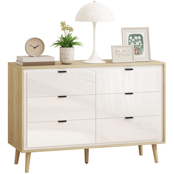 Commode - HOMCOM - 6 tiroirs - haute brillance - pieds en bois - panneau de particules et MDF - 110 x 40 x 75 cm - blanc et chêne Commode - HOMCOM - 6 tiroirs - haute brillance - pieds en bois - panneau de particules et MDF - 110 x 40 x 75 cm - blanc et chêne