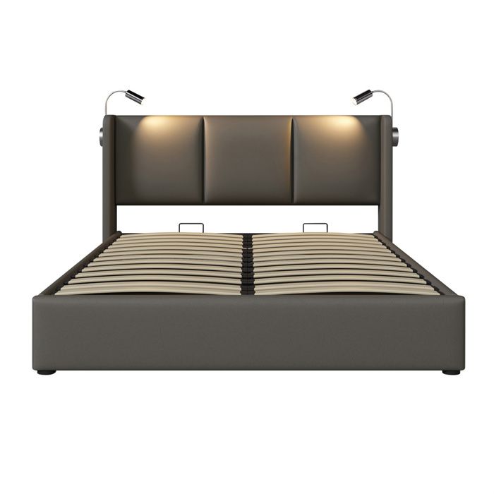 Lit rembourré 160x200 cm en PU 2 places - sommier à lattes tête de lit lampe de lecture et rangement (sans matelas)
