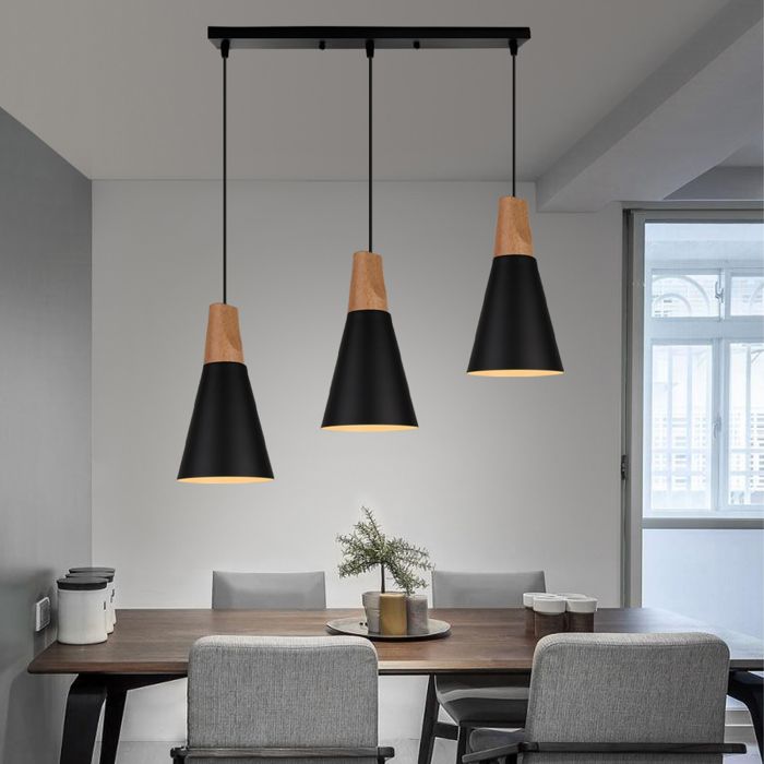 Lustre suspension - 3 lampes barre moderne - Métal noir & bois - 3x E27 - Style rétro industriel Lustre suspension - 3 lampes barre moderne - Métal noir & bois - 3x E27 - Style rétro industriel