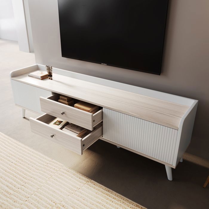 Meuble TV 160×40×58 cm en panneau de particules blanc/bois naturel – portes coulissantes et tiroirs