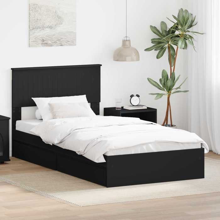 Lit de rangement moderne - UU - 100x200 cm - Noir - Bois dingénierie - 4 tiroirs - Cadre à lattes - Facile à nettoyer