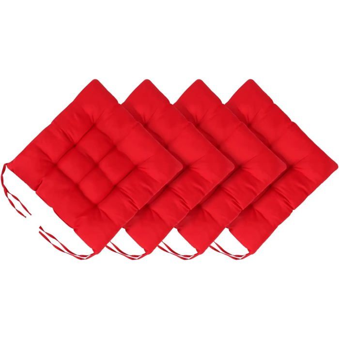 Lot de 4 coussins de siège pour chaise de jardin 40 x 40 cm avec attaches confortables et lavables couleur rouge.