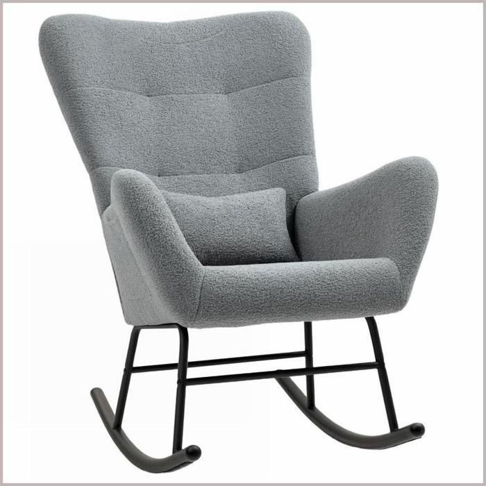 Fauteuil à bascule - Tissu teddy accoudoirs coussin lombaire poche latérale patins en bois - Gris