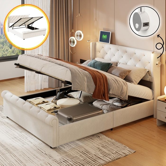 Lit Coffre 140x190 Lit Rembourré avec Liseuse et Ports USB Fonction de Rangement Hydraulique Sommier à Lattes Velours Beige