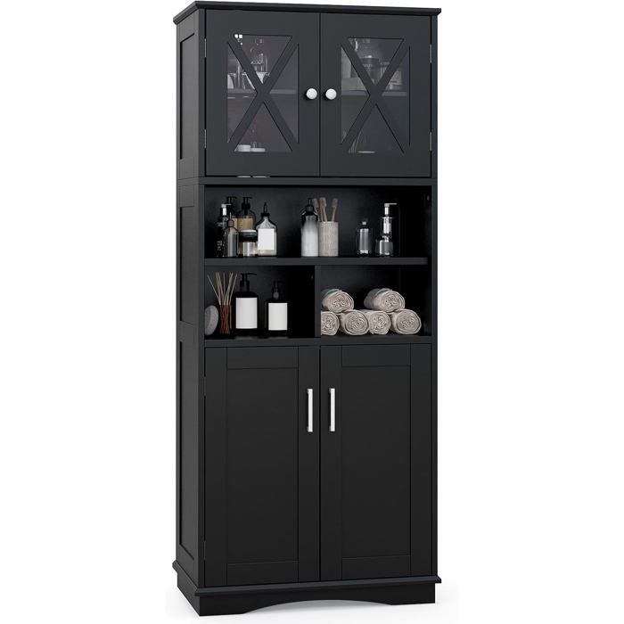 GOPLUS Armoire Haute de Salle de Bain Armoire Autoportante avec 2 Placards à Portes Étagères Réglables 60 x 30 x 145 cm (Noir)