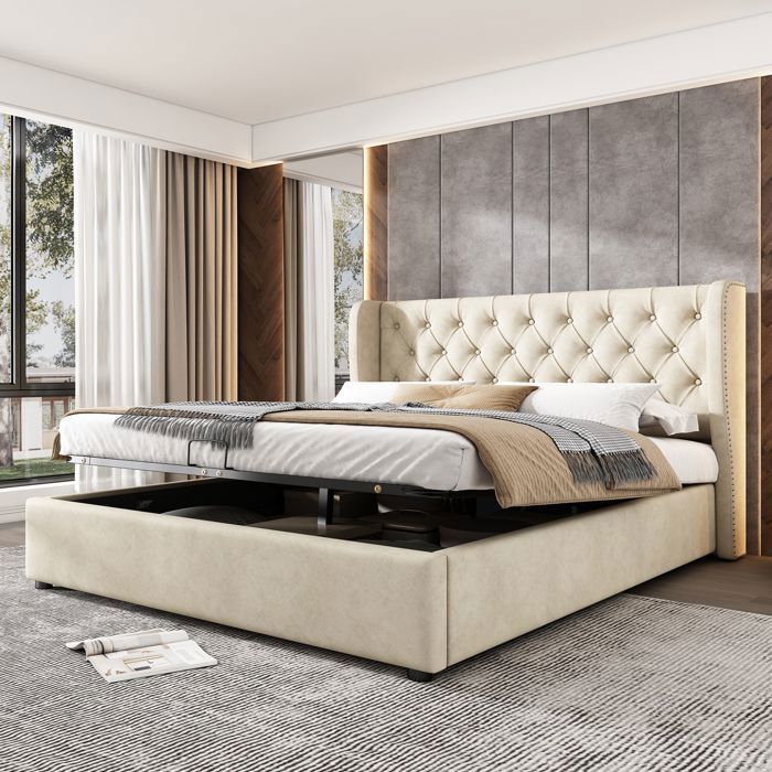 Lit coffre rembourré FloraGrace 160x200 cm velours beige capitonné Chesterfield tête haute 99 cm rangement hydraulique