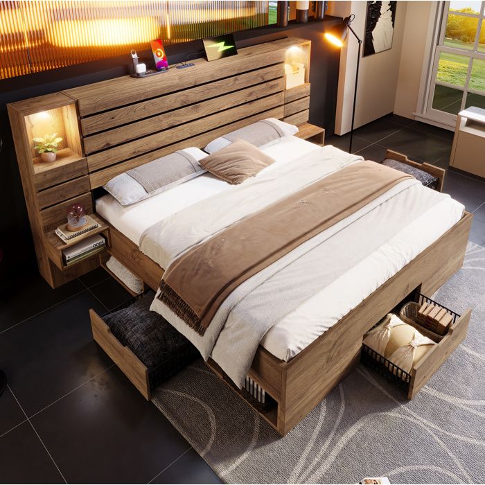 Lit adulte 180x200 cm avec LED. ports USB/Type-C. niche éclairée. 3 tiroirs. étagères. bois chêne-DESVIAE