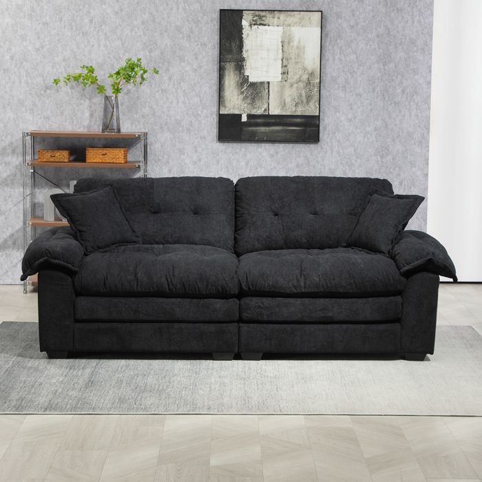 MEUBLIV Canapé double canapé capitonné avec 2 coussins de fauteuil assortis 213 4x90 1x87 6 cm chenille noir
