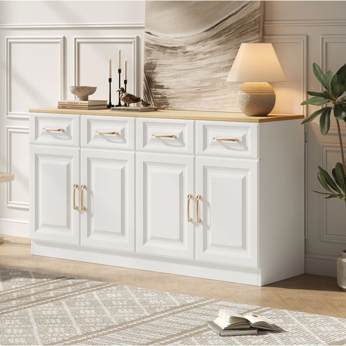 Buffet de cuisine blanc 4 portes 4 tiroirs étagères réglables meuble de rangement de salon 140×40×75cm