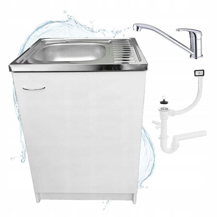 STAMAR Meuble sous Évier 60 cm Blanc + Évier Inox + Robinet Flex Pivotant Chrome + Siphon LV - 60x60x82 cm