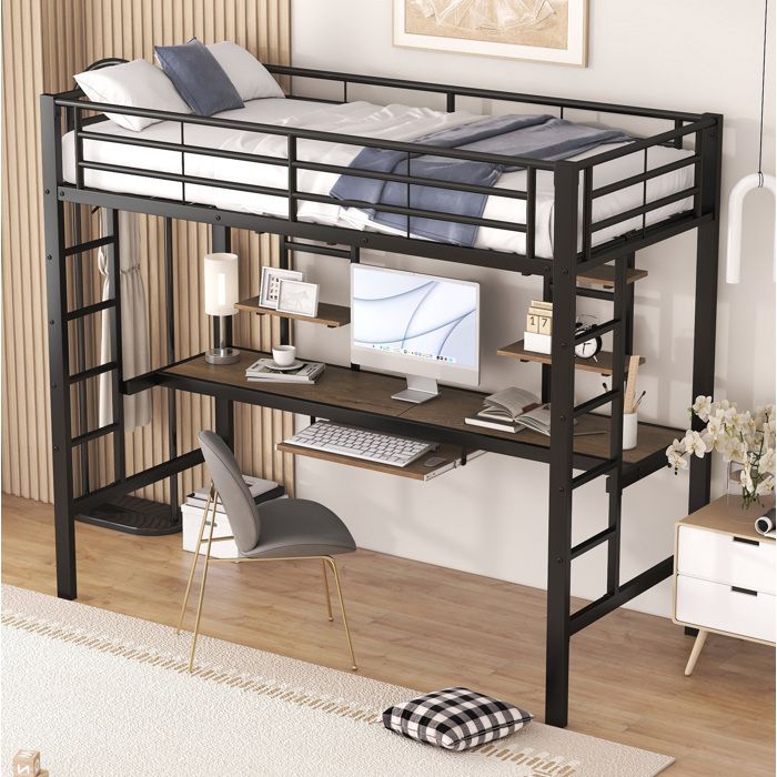Lit mezzanine enfant 90 × 200 cm noir avec bureau et deux étagères