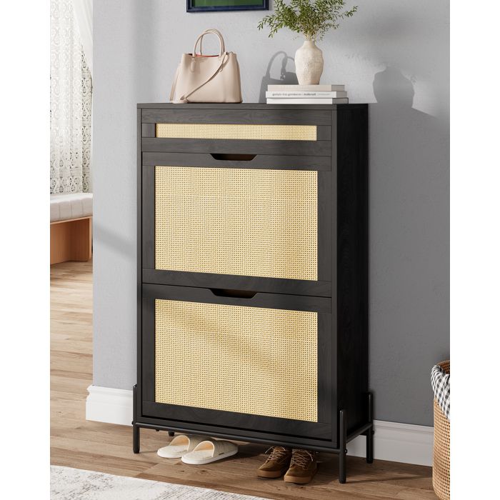Armoire à chaussures fine en bois 2 tiroirs basculants avec panneaux en rotin Étagères réglables Rangement Design moderne noir