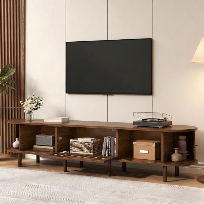 Meuble TV en noyer - 180x40x40 cm - Design ovale - Rotin - Porte battante - 2 portes à volet roulant