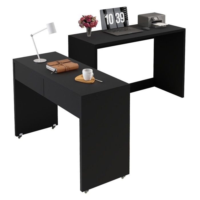Bureau et commode 2 en 1 compact extensible en bois épais avec roulettes meuble combinable pliable design noir pratique 110x40x78cm Bureau et commode 2 en 1 compact extensible en bois épais avec roulettes meuble combinable pliable design noir pratique 110x40x78cm