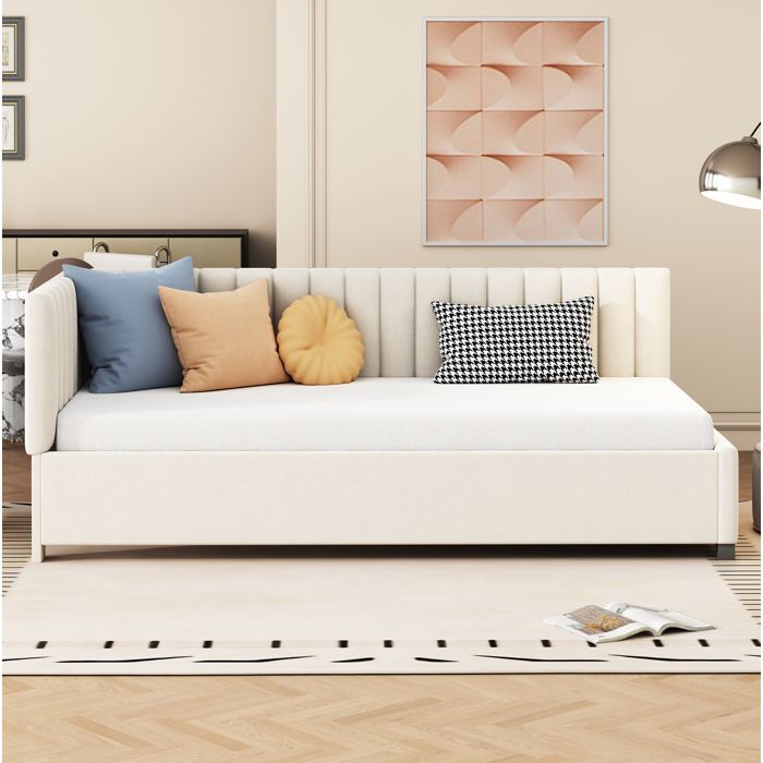 Lit rembourré canapé-lit 90×200 cm sommier à lattes et tête de lit - BEAUNIV - sans matelas velours beige