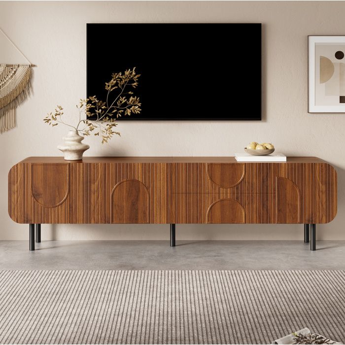 Meuble TV noyer 3 portes 2 tiroirs passe-câbles MDF et panneaux de particules 180x40x47.5 cm