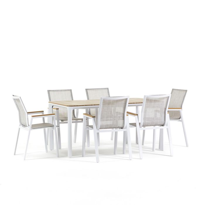 Ensemble repas de jardin avec table rectangulaire 160x90 cm 6 chaises avec accoudoirs en aluminium textilène et polywood Noè+Deva