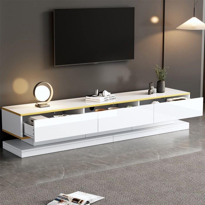 Meuble TV bas 200 cm blanc chaud laqué brillant – 3 tiroirs bordure dorée grand rangement pour salon