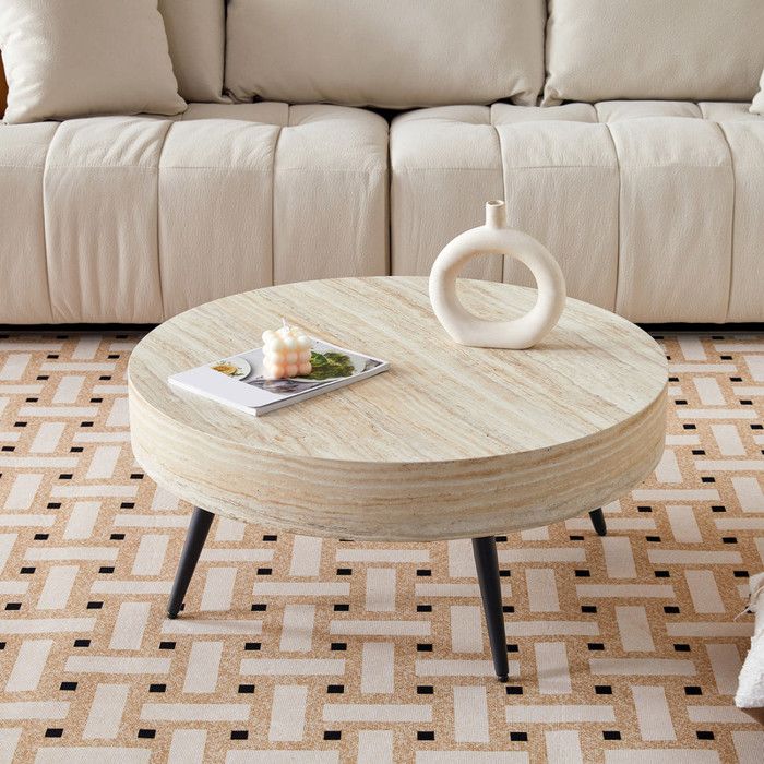 Table basse rondebois de Travertin clair (MDF) et pieds en métal noirDesign minimalistepour salons et petits espaces 70x70x35.5cm