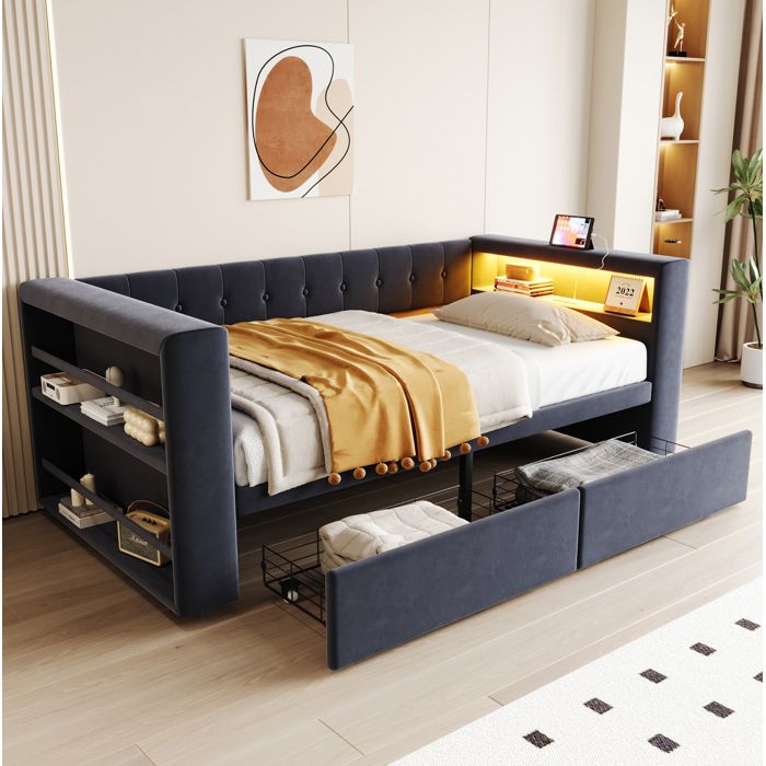 Lit multifonctionnel 90×190 cm avec LED et prise intégrée rangement latéral et 2 tiroirs sans matelas - UVRION