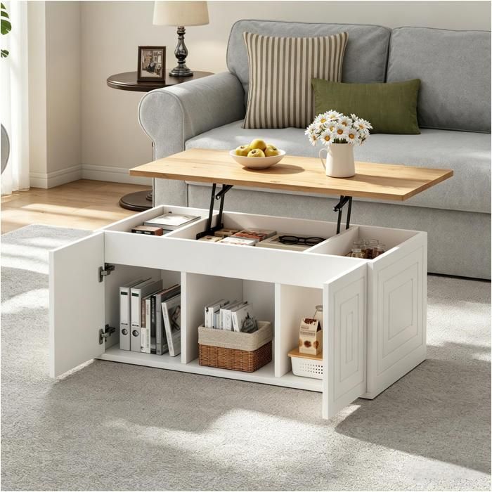Table Basse Relevable Hydraulique 95x46x45-59 cm Table de Salon Bureau Hauteur Réglable Rangement 2 Portes - Blanc et Effet Bois