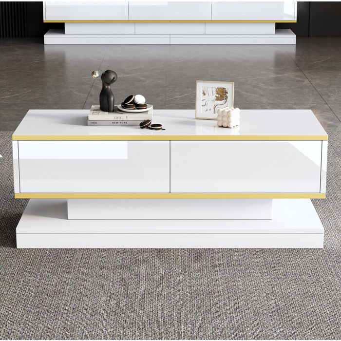 Table basse design – Blanc et doré – 100 x 50 x 38 cm – 2 tiroirs – Brillant