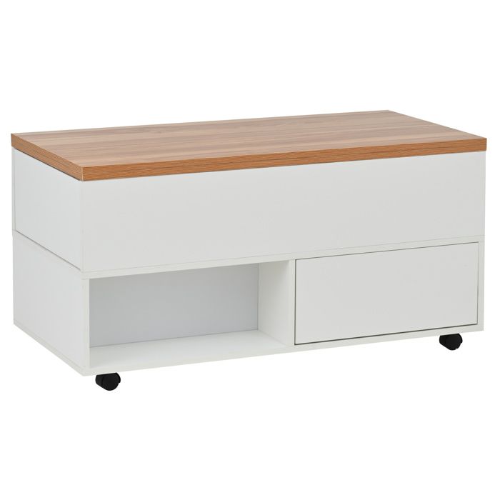 Table basse relevable à roulettes 4 tiroirs – Blanc décor bois – 100 x 50 cm
