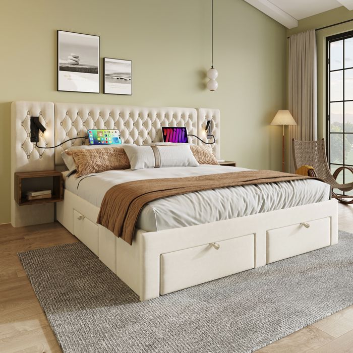 Ensemble lit double vintage 180x200 cm avec 2 chevets 4 tiroirs 2 liseuses USB Type-C sommier à lattes velours sans matelas beige