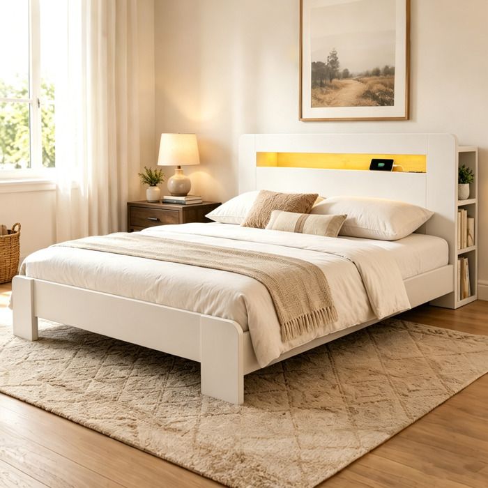 Lit plateforme en bois blanc 140 x 200 cm avec tête de lit rangement LED intégrée et prises