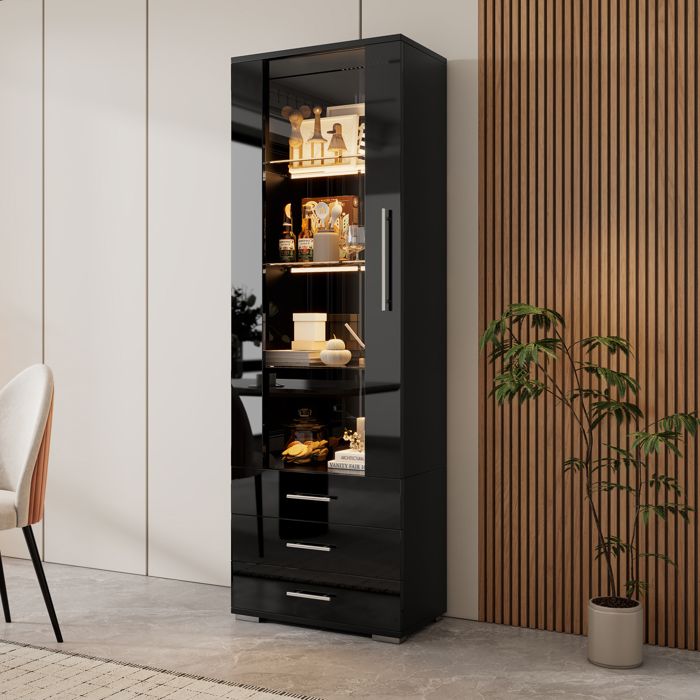 Meuble vitrine de rangement noir brillant avec LED 1 porte acrylique 3 tiroirs MDF 60x35x180 cm ORVRYN