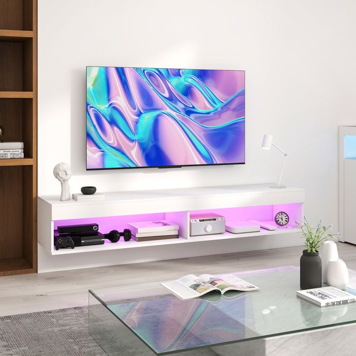 Meuble TV mural suspendu - PAGE LIVING - 180x40x30 cm - Pour TV jusquà 75 pouces - Bande LED réglable - Rangements fermés