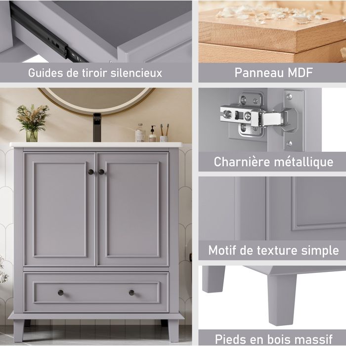 Meuble sous vasque de salle de bain sur pied 76 x 46 x 87 cm gris vasque intégrée en céramique 2 portes 1 tiroir