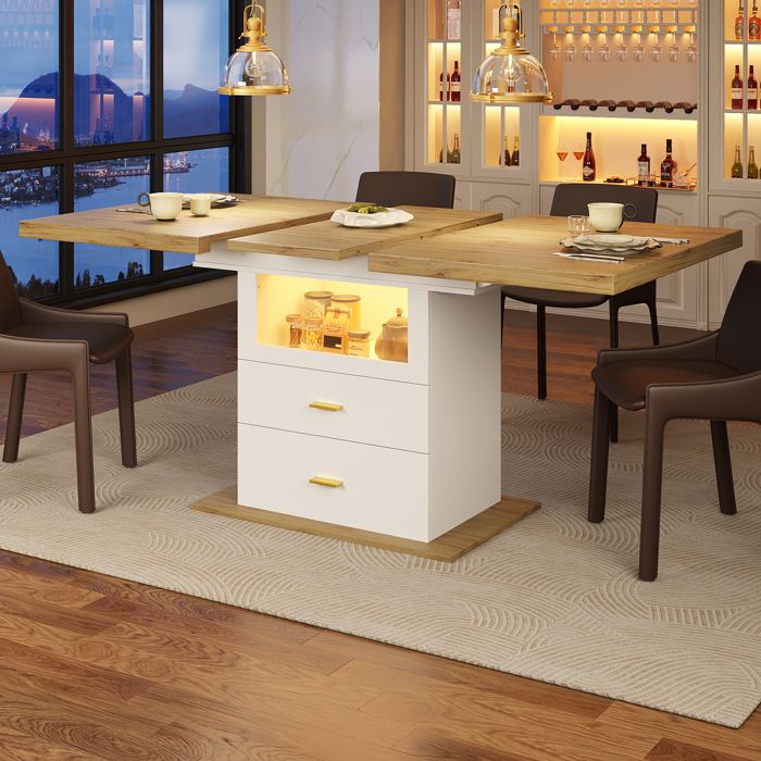 Table à Manger Extensible 110-140 cm avec LED RGB Rangement 2 Tiroirs et Niche Vitrée Blanc et Bois Table à Manger Extensible 110-140 cm avec LED RGB Rangement 2 Tiroirs et Niche Vitrée Blanc et Bois