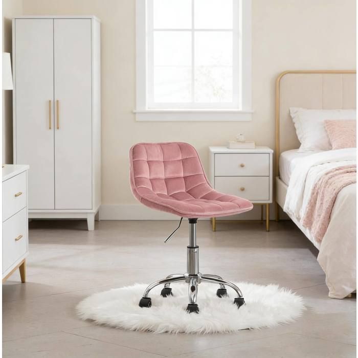ROVRYN Chaise de bureau pivotante en velours rose reglable en hauteur avec roulettes base metal