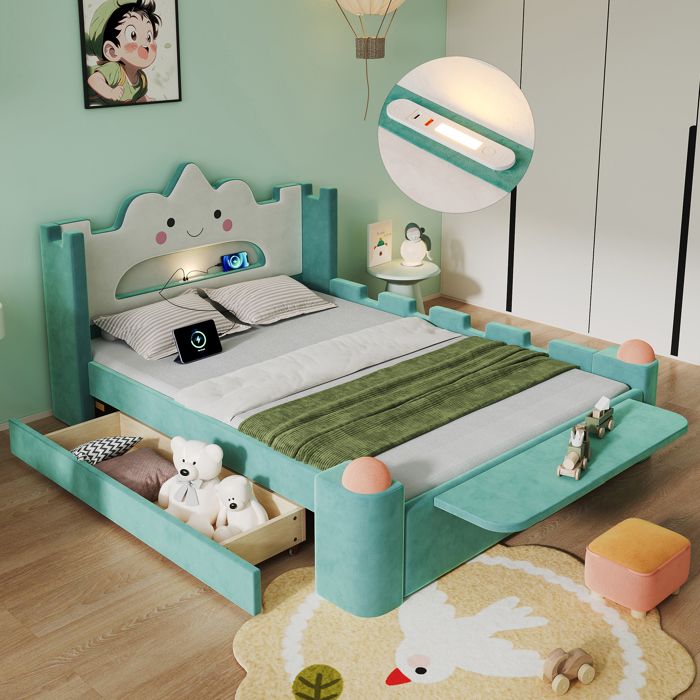 Lit enfant rembourré - Tête de lit nuage avec visage souriant - Lampe de lecture LED intégrée - Port USB pratique