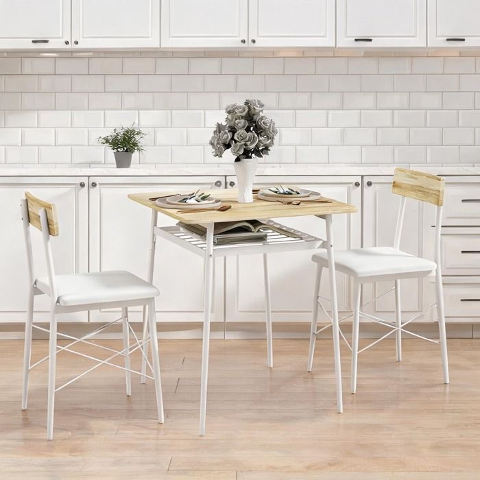 Ensemble table carrée et 2 chaises finition chêne et structure acier compact avec rangement intégré idéal petits espaces