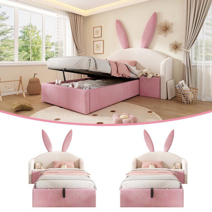 Lit enfant 90x200 avec coffre de rangement table de chevet intégrée et sommier à lattes