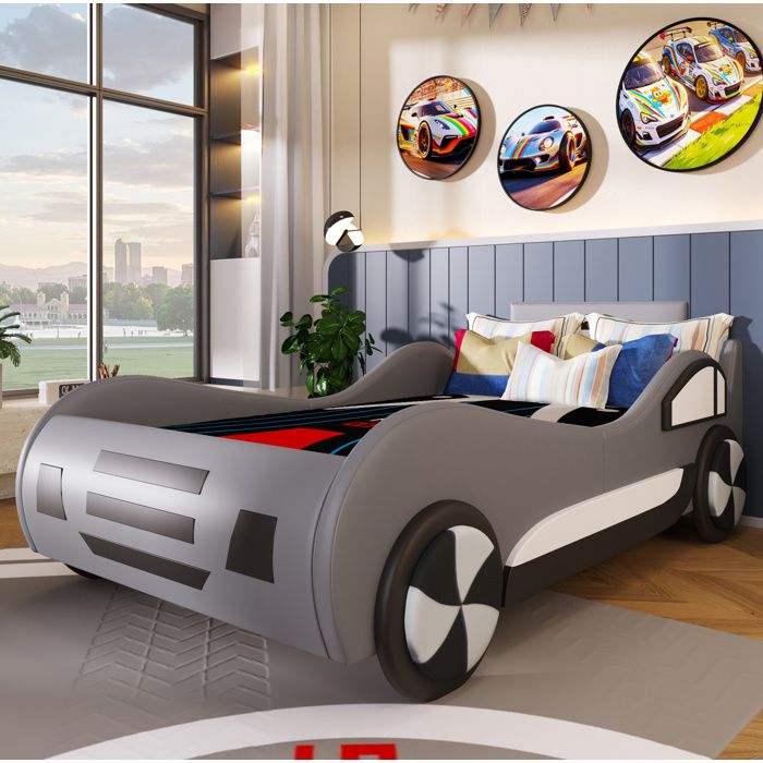 Lit voiture enfant 90×200 cm sommier inclus rangement hydraulique et sans matelas - MODENVIE - gris MDF PU