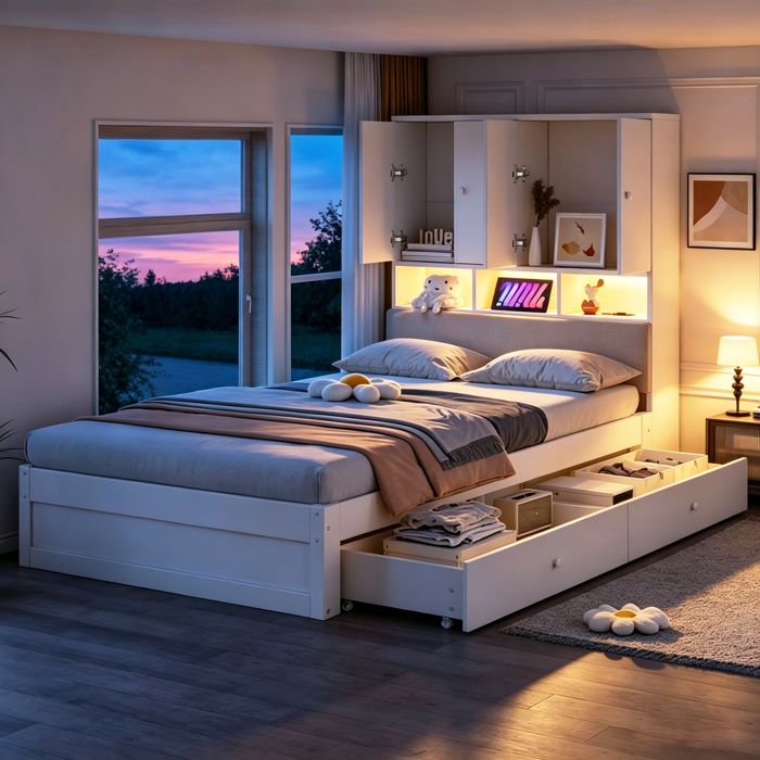 Lit combiné enfant 90 x 200 cm avec dossier rembourré 2 tiroirs rangements LED prises USB bois blanc