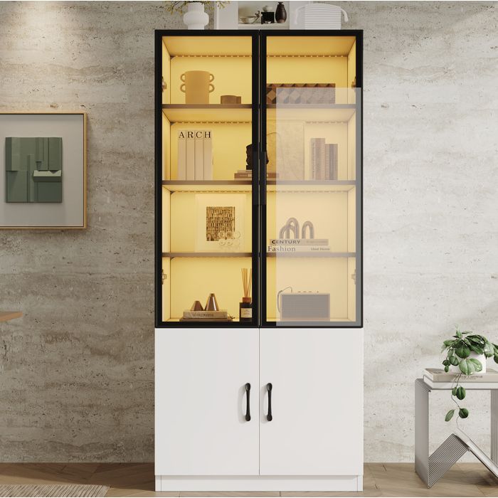 Vitrine LED En Verre Fumé Blanc Vitrine Haute Moderne FloraGrace Pour Salon Et Salle À Manger Avec Rangement Bas 60x40x160cm