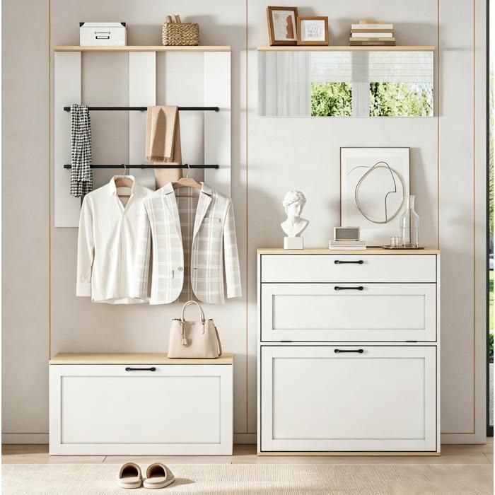 Maisentiel meuble d’entrée modulaire 156x36x176 cm avec miroir porte-chaussures banc tiroir blanc et bois naturel