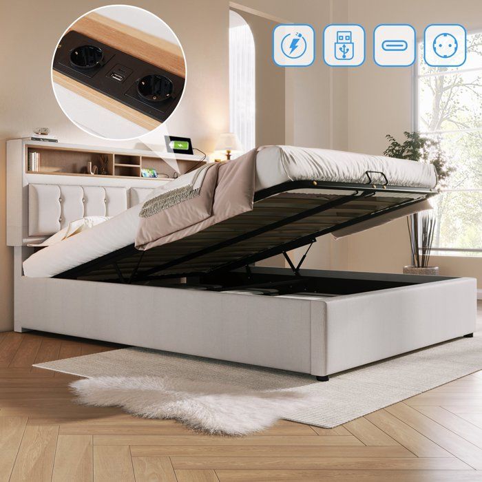 Lit double 160x200 avec sommier à lattes tête de lit réglable et rangement sous le couchage