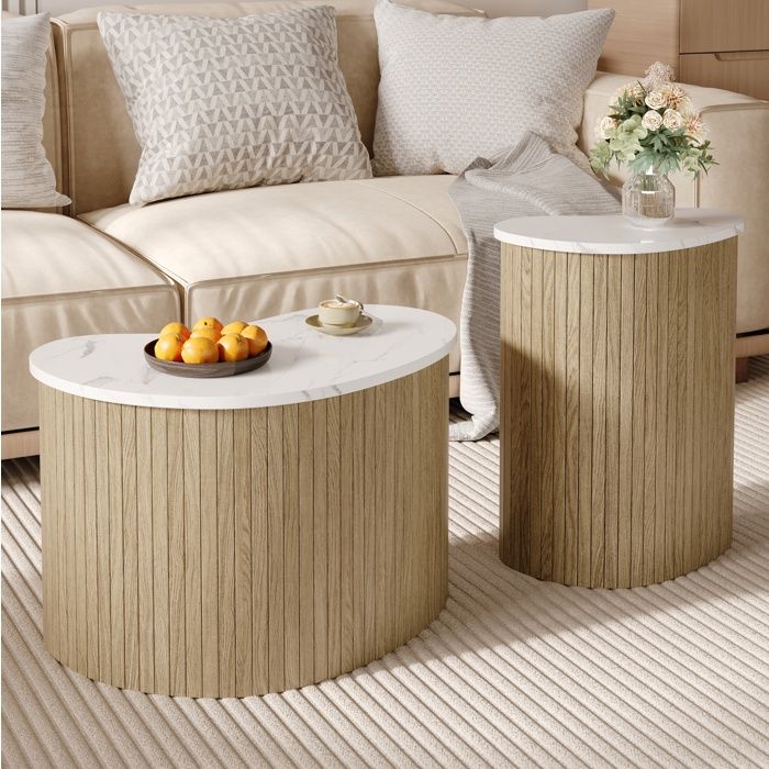 Lot de 2 tables basses modernes 60 x 37 x 38 cm effet marbre et bois MDF blanc naturel style scandinave ORVRYN