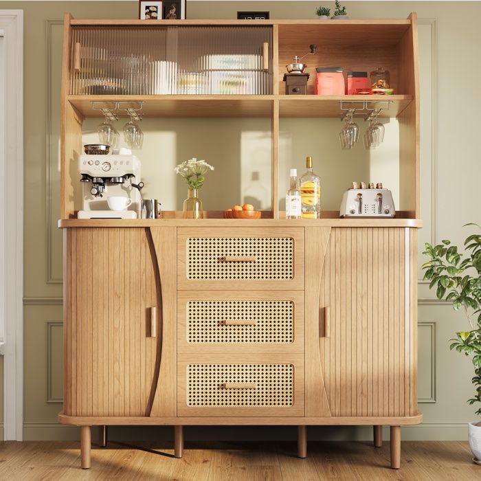 Buffet de Cuisine 140 cm Meuble à Café Effet Rotin Portes Coulissantes en Verre 3 Tiroirs Naturel