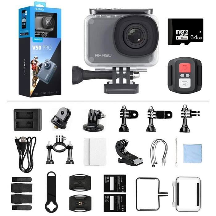 AKASO Cam&eacute;ra Sport  V50 Pro Etanche 4k 20 Millions pixels Avec 64Go Carte m&eacute;moire Noir 