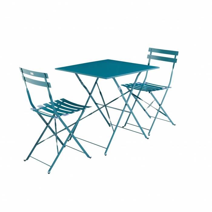 Salon de jardin bistrot pliable - Emilia carré bleu canard - Table carrée 70x70cm avec deux chaises pliantes, acier thermolaqué