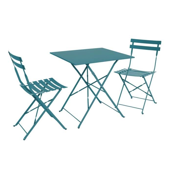 Salon de jardin bistrot pliable - Emilia carré bleu canard - Table carrée 70x70cm avec deux chaises pliantes, acier thermolaqué